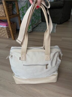BEIS Cream Canvas Weekender Tote with Beige Faux-Leather Trim